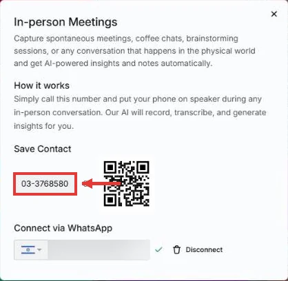 הגדרות In-person Meetings עם המספר הישראלי של Timeless וקוד לשמירת איש קשר