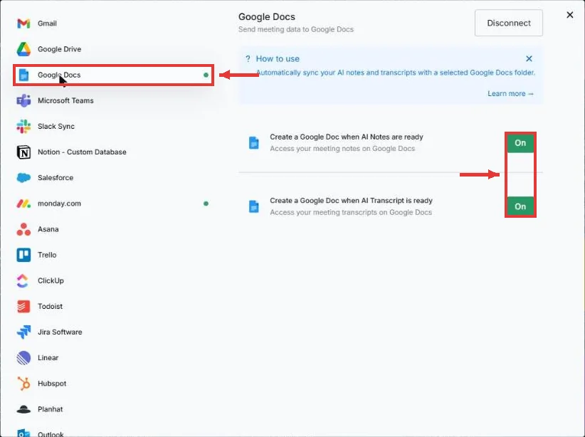 חלון Integrations עם רשימת 19 החיבורים, Google Docs מסומן ושני המתגים שלו