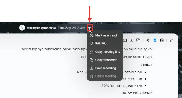 תפריט שלוש הנקודות של פגישה: Mark as unread, Edit title, Copy meeting link, Copy transcript, Save recording ו-Delete meeting