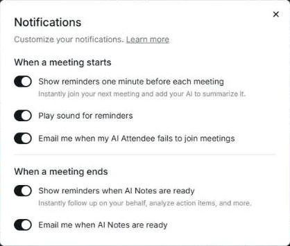 הגדרות Notifications: תזכורות לפני פגישה ואחריה