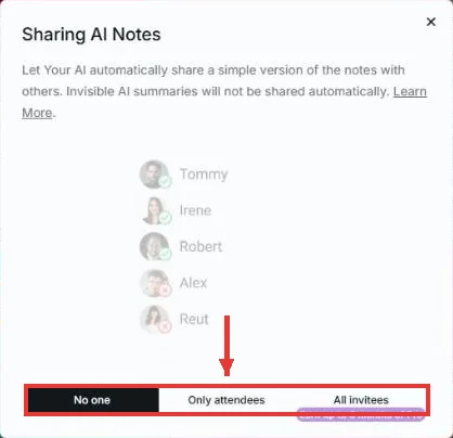 הגדרות Sharing AI Notes עם שלוש האפשרויות: No one, Only attendees ו-All invitees
