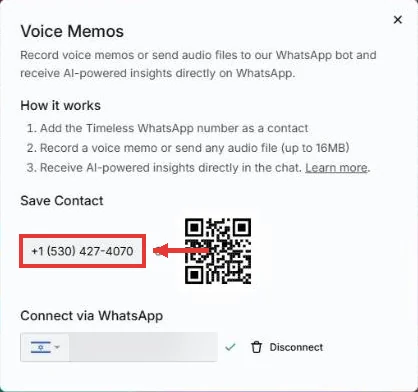 הגדרות Voice Memos: מספר הבוט בוואטסאפ וקוד לשמירה