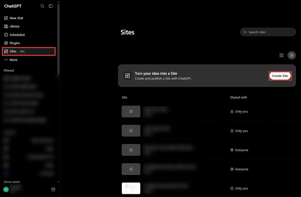 עמוד Sites בסרגל הצד של chatgpt.com עם הכפתור Create Site