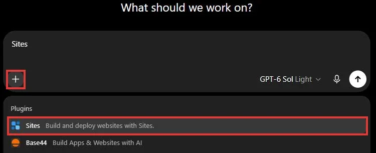 במצב Work: כפתור הפלוס, הקלדת Sites והבחירה בפלאגין Sites