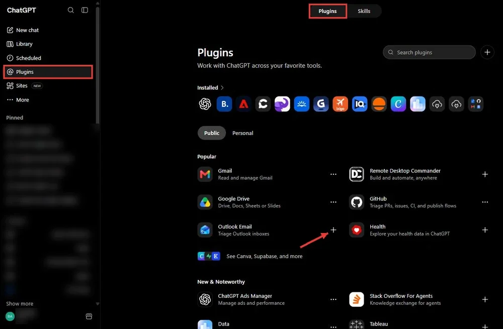 ספריית Plugins באתר: Installed, לשוניות Public/Personal, והפלוס להתקנת פלאגין