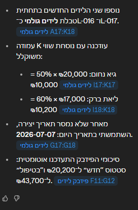 עדכון הגיליון עם נתונים חדשים