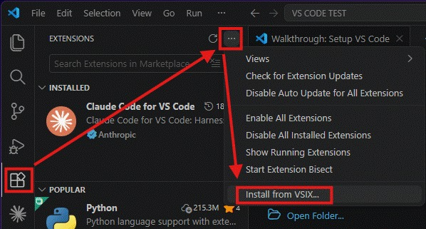Install from VSIX בתפריט התוספים