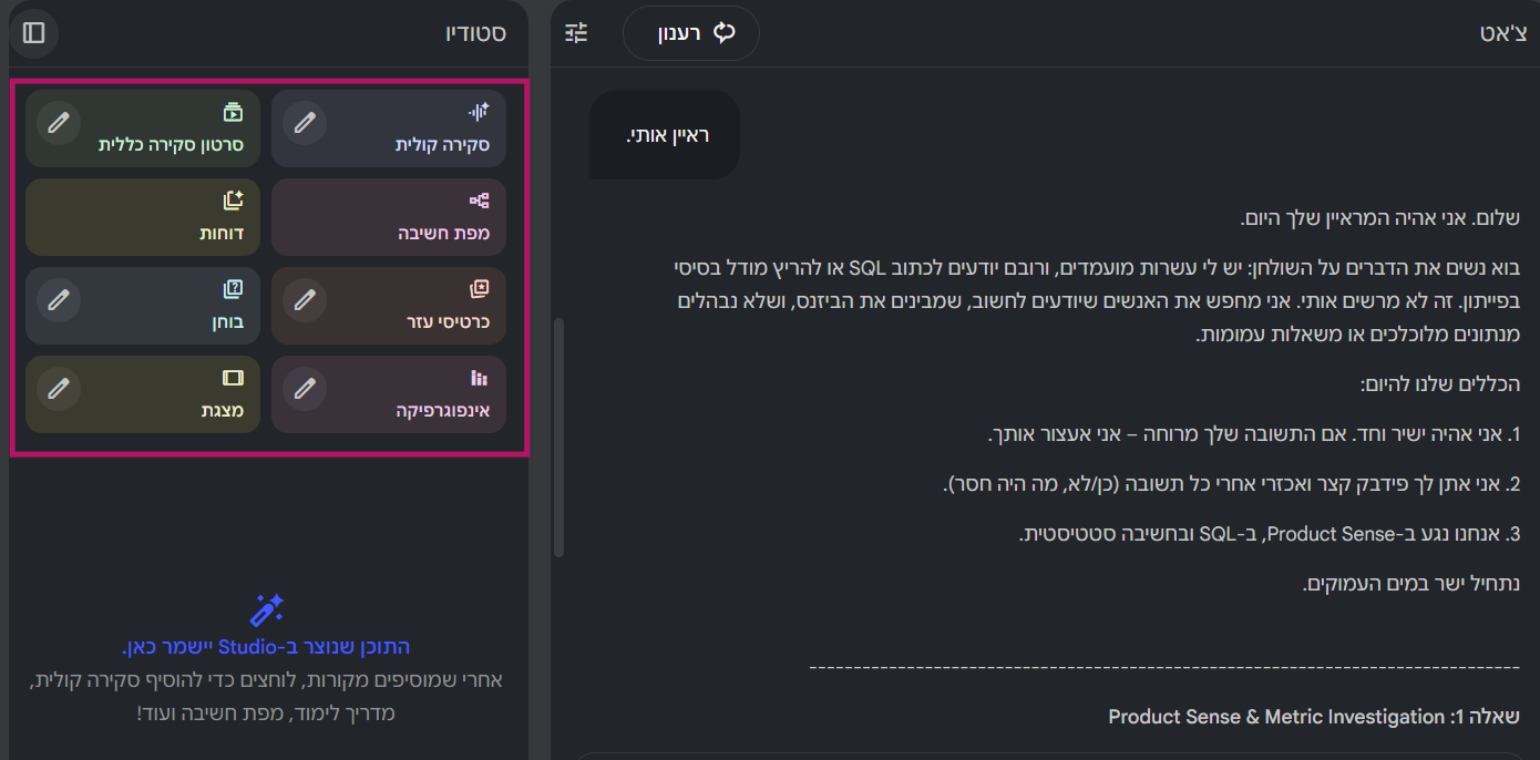 תוצרים של NotebookLM — מצגת, סקירת וידאו ופודקאסט