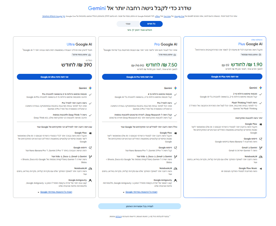 בחירת מנוי בעמוד Google One