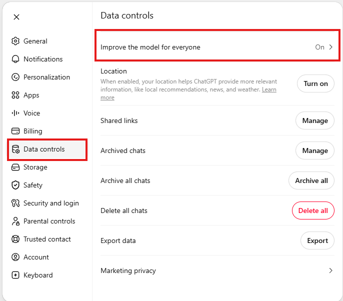 הגדרות Data Controls