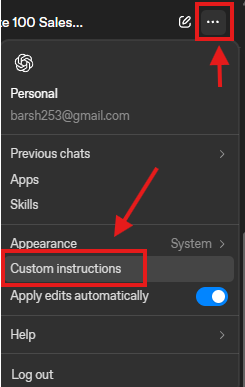 פתיחת Custom instructions