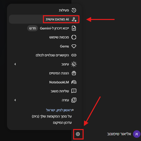 כניסה למסך AI מותאם אישית בהגדרות Gemini