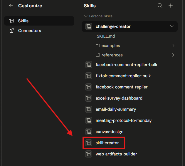 Skill Creator ברשימת הסקילים