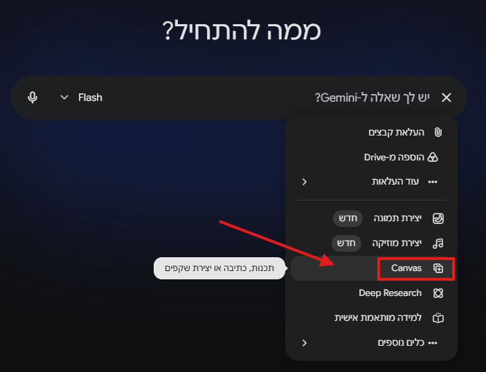 בחירת Canvas מתפריט הכלים