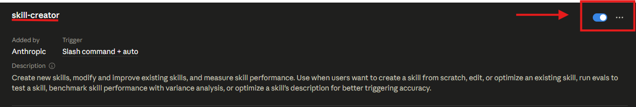 המתג של Skill Creator במצב ON